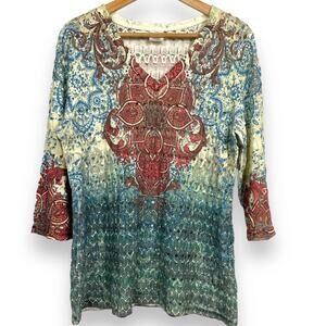 Wrangler Crochet Openwork Paisley Sweater L Teal Red Cream Multi‎ Knit